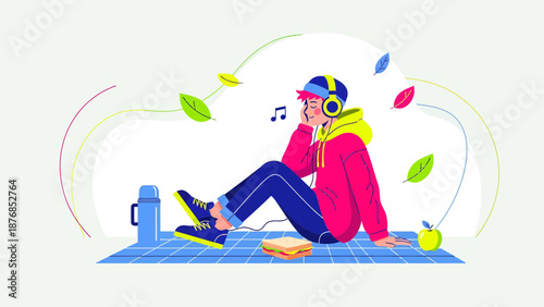 Boy Relaxing Outdoors Listening Music With Headphones Picnic Relaxation Illustration