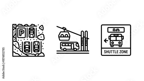 Ski Resort Transportation Icons including Parking Lot Cable Car and Shuttle Zone Sign