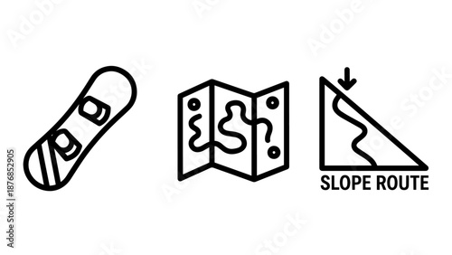Winter Sports Navigation Icon Set with Snowboard Folded Map and Ski Slope Route Map Symbols