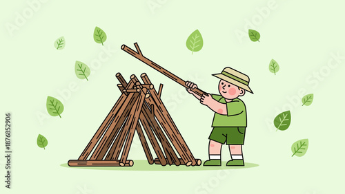 Boy Scout Building Campfire With Wooden Sticks In Natural Environment