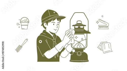 Boy Scout Cleaning Old Fashioned Lantern Gear Illustration for Adobe Stock Sales