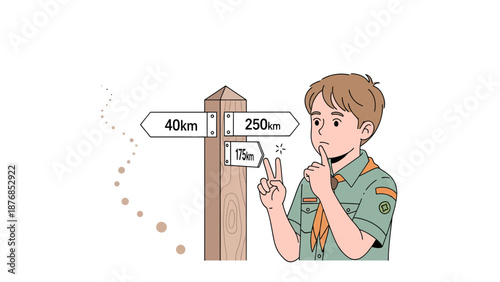 Boy Scout Contemplating Direction Choices At Distance Signpost On Adventure Trip