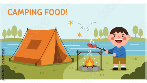 Boy Scout Cooking Sausage over Campfire Beside Tent at Campsite Illustration
