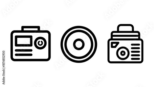 Retro Media and Photography Icons Including Vintage Action Camera Compact Disc and Portable Radio