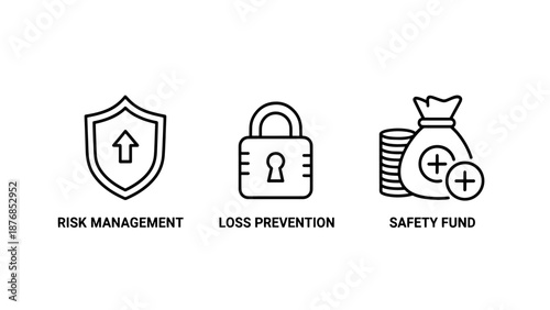 Business Risk Management and Security Icons Set Showing Shield Lock and Safety Fund Money Bag