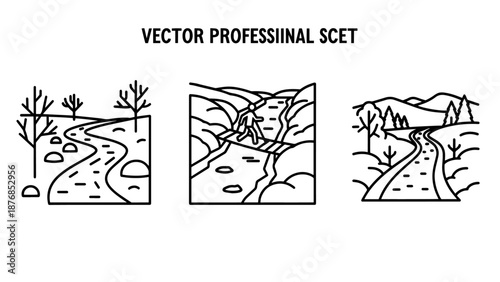 Nature Landscape Sketch Set Featuring River Views Forest Bridge and Mountain Hiking Trails