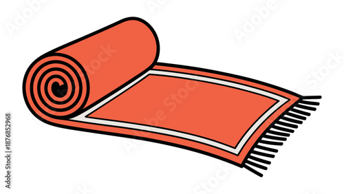 Coiled Carpet: An illustration of a rolled up, red carpet, showcasing intricate fringe and bordered edges, inviting you to step into a world of comfort and style.