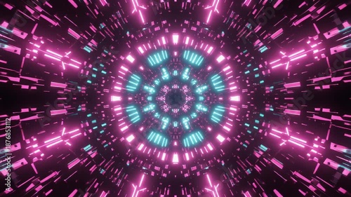 Neon kaleidoscope tunnel loop with pink and cyan lights.