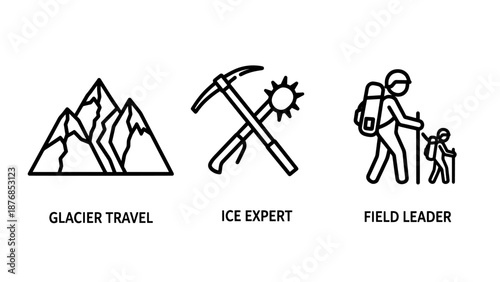 Icons for mountaineering and exploration: jagged mountains, crossed ice axes with sun symbol, and hikers on a trail, symbolizing adventure and expertise.