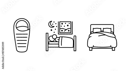 Icons related to sleep and rest: a sleeping bag, a person sleeping in bed under a starry night sky, and a comfortable double bed.