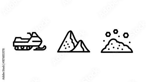 Collection of three simple line icons featuring a snowmobile, a mountain peak, and a pile of snow, representing winter activities and cold climate themes.