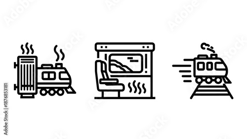 Train travel icons: a vintage train with steam, a cozy train seat with heating, and a modern train on tracks, representing journeys and transport.
