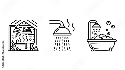 Three minimalist line art icons illustrating showering and bathing scenes, from a rustic cabin shower to a luxurious bubble bath.