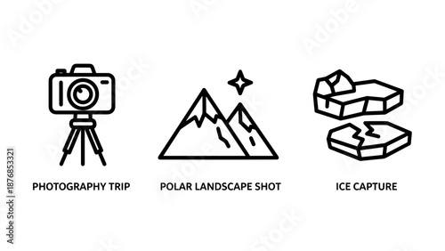 Collection of three outline icons representing outdoor photography and exploration: a tripod-mounted camera, polar mountains, and broken ice chunks.