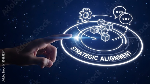 Hand interacting with glowing strategic alignment concept on a futuristic digital screen