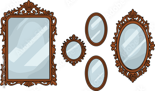  Set of vintage wooden mirror frames with blue glass, antique decorative wall decor vector illustration collection, isolated on white.