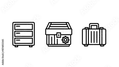Set of three simple outline icons: a chest of drawers, a storage crate with gears, and a suitcase, representing organization, transport, and travel.