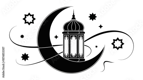 Radiant Lantern of Reflection: An intricately designed lantern stands prominently against a crescent moon and starlit sky, capturing the essence of spiritual celebration and cultural heritage.