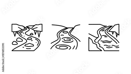 Three minimalist outline illustrations of water flow and natural channels: a rocky stream, a whirlpool pattern, and a river carving through terrain.