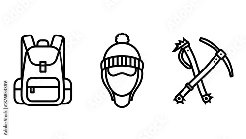 Set of three icons for mountaineering and winter exploration: a backpack, a winter hat with face mask, and crossed ice axes, signifying extreme conditions.