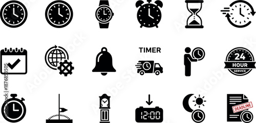 Black Solid Time and Clock Icon Set Featuring Watches, Timers, Hourglasses, Alarm Clocks and Deadline Symbols