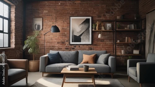 Sunlit industrial loft living room with modern gray sofa and brick wall.