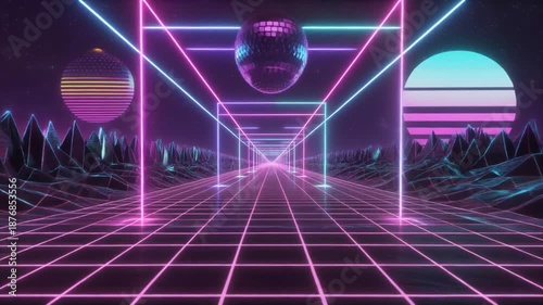 Neon synthwave grid tunnel with glowing geometric spheres.