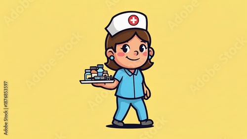 Cute cartoon nurse walking with medicine tray.