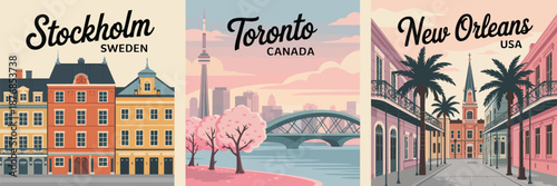 Cityscape Art Stockholm, Toronto, and New Orleans Travel Posters