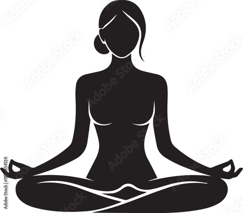 Black and white silhouette of a woman in a meditative yoga pose with crossed legs and hands on knees