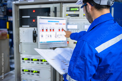 Photos Electrical engineer male checking voltage at the Power Distribution Cabinet in t