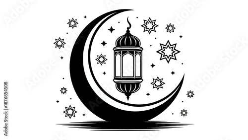 Islamic Crescent Moon with Lantern: A symbol of Ramadan, this vector image features a crescent moon with an elegant lantern and star motifs, representing the spiritual and cultural richness.