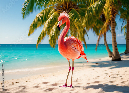 Pink flamingo standing on sandy beach with palm trees and turquoise ocean water in background