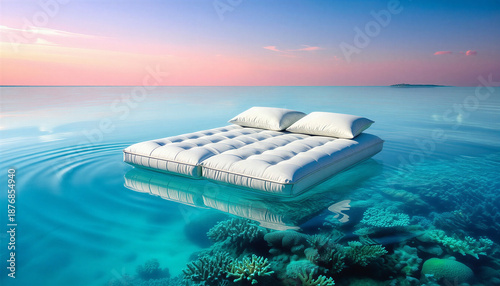 White mattress and pillows floating on calm ocean water with coral reef at sunset