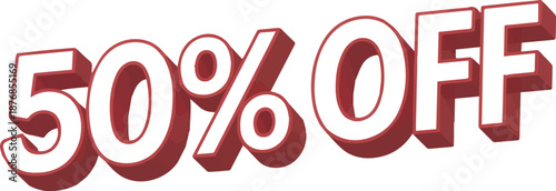 Bold red 3 D text saying 50 percent off with a sale discount sign letters marketing