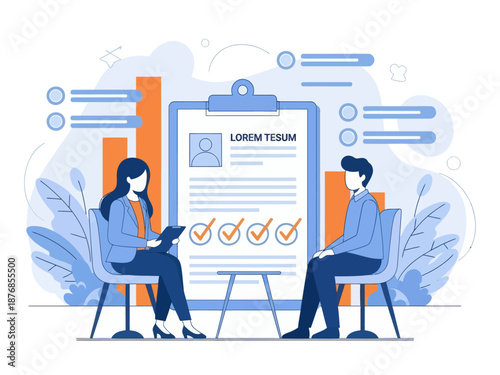 Employer meeting job applicant at pre-employment assessment. Employee evaluation, assessment form and report, performance review concept, flat vector modern illustration