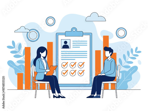 Employer meeting job applicant at pre-employment assessment. Employee evaluation, assessment form and report, performance review concept, flat vector modern illustration
