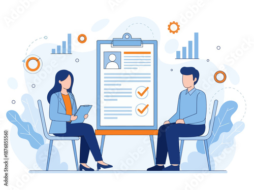 Employer meeting job applicant at pre-employment assessment. Employee evaluation, assessment form and report, performance review concept, flat vector modern illustration