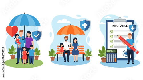 Health and life insurance concept, Family standing under insurance umbrella, Man fills out health insurance form, set flat vector modern illustration
