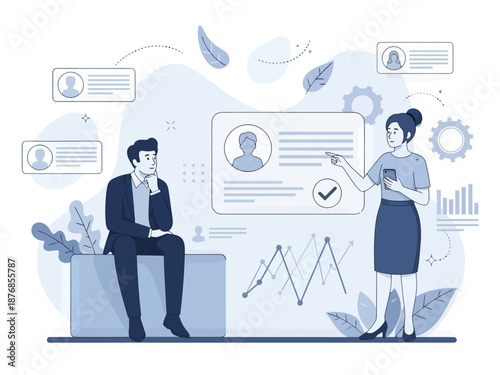 HR manager with employee at interview and business flow chart. Employee assessment software, HR company system, employee check programme concept, flat vector modern illustration
