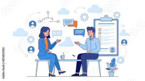 HR manager with employee at interview and business flow chart. Employee assessment software, HR company system, employee check programme concept, flat vector modern illustration