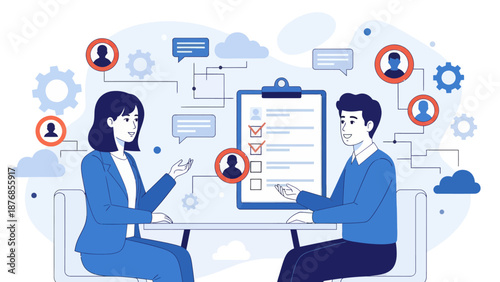 HR manager with employee at interview and business flow chart. Employee assessment software, HR company system, employee check programme concept, flat vector modern illustration
