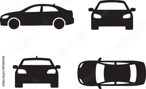 Comprehensive Sedan Car Icon Vector Set: Four Different Perspectives (Side, Front, Rear, Top View) - Black Glyph Silhouette for Transport, Navigation, and Automobile Industry UI/UX Design