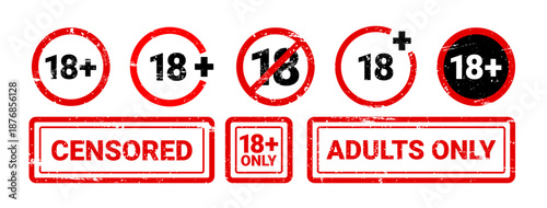 Censored stamp. Grunge red 18 plus label. Classic confidential rubber stamp, warning badge, blocked content icon, blocked content, information control elements. Vectors set