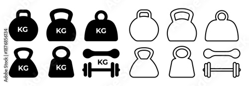Weight icon. Simple kg mass symbols. Black flat line, silhouette heavy, strength fitness dumbbell, gym kettlebells. Scale power, gram signs, kilogram pictograms. Vector set