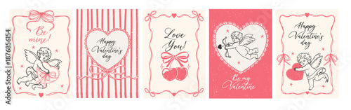 Vintage Valentines Day poster. Romantic love cards. Retro trendy romantic posters with festive frames, cupid, bow, cherry, hearts. Coquette wedding banner. Vector set