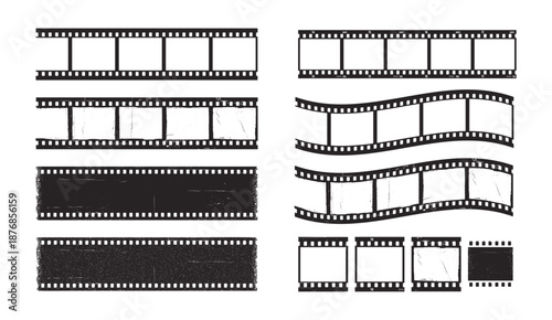 Film strip. Vintage photo frame. Retro grunge photo stack blank, video effect footage, old cinema roll borders for social media, ads, photography template. Vector set