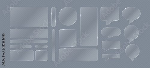 Glassmorphism frames. Transparent glass elements. Simple UI UX glass texture border with geometric shapes, blur, round edges, reflections for interface. Vector set