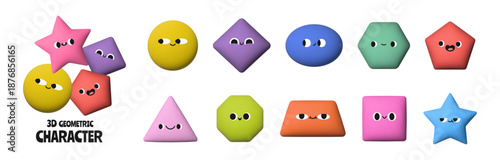 3D geometric characters. Render basic shapes. Educational element with funny faces. Abstract figures, circle, triangle, square, hexagon. Vector emoji set