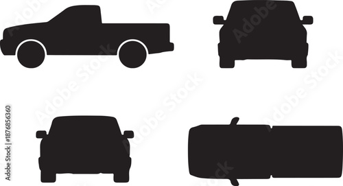 Pickup Truck Four-View Black Vector Silhouette Set: Isolated Automotive Icon Pack Showing Side Profile, Front Headlight View, Rear Angle, and Top Schematic for Technical Drawings and Vehicle Graphics.